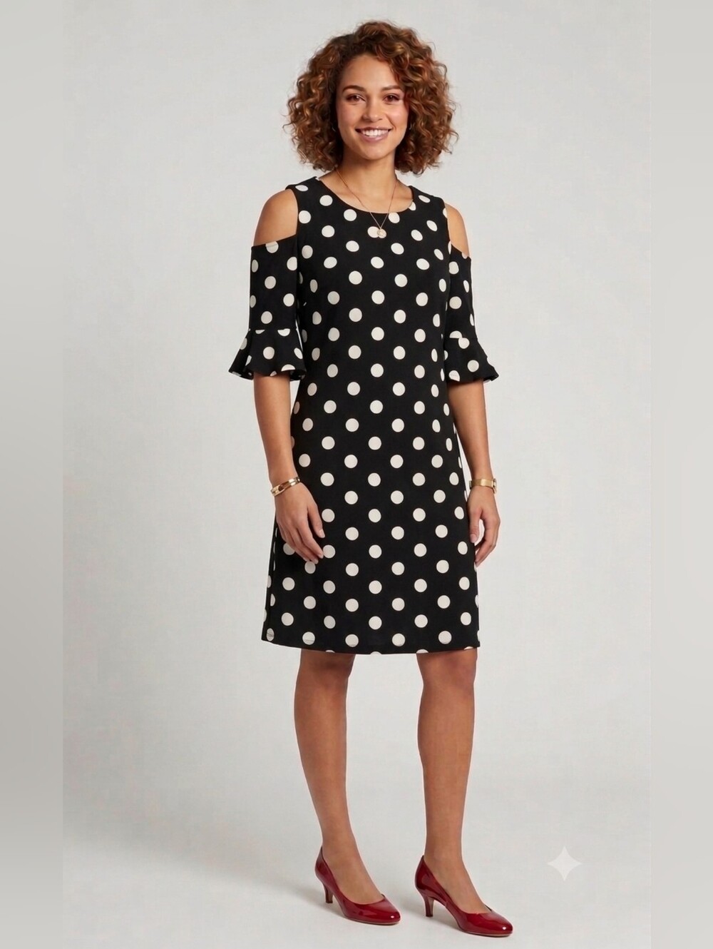 Tommy Hilfiger Classic Black and White Polka Dot Cold-Shoulder Mini Dress